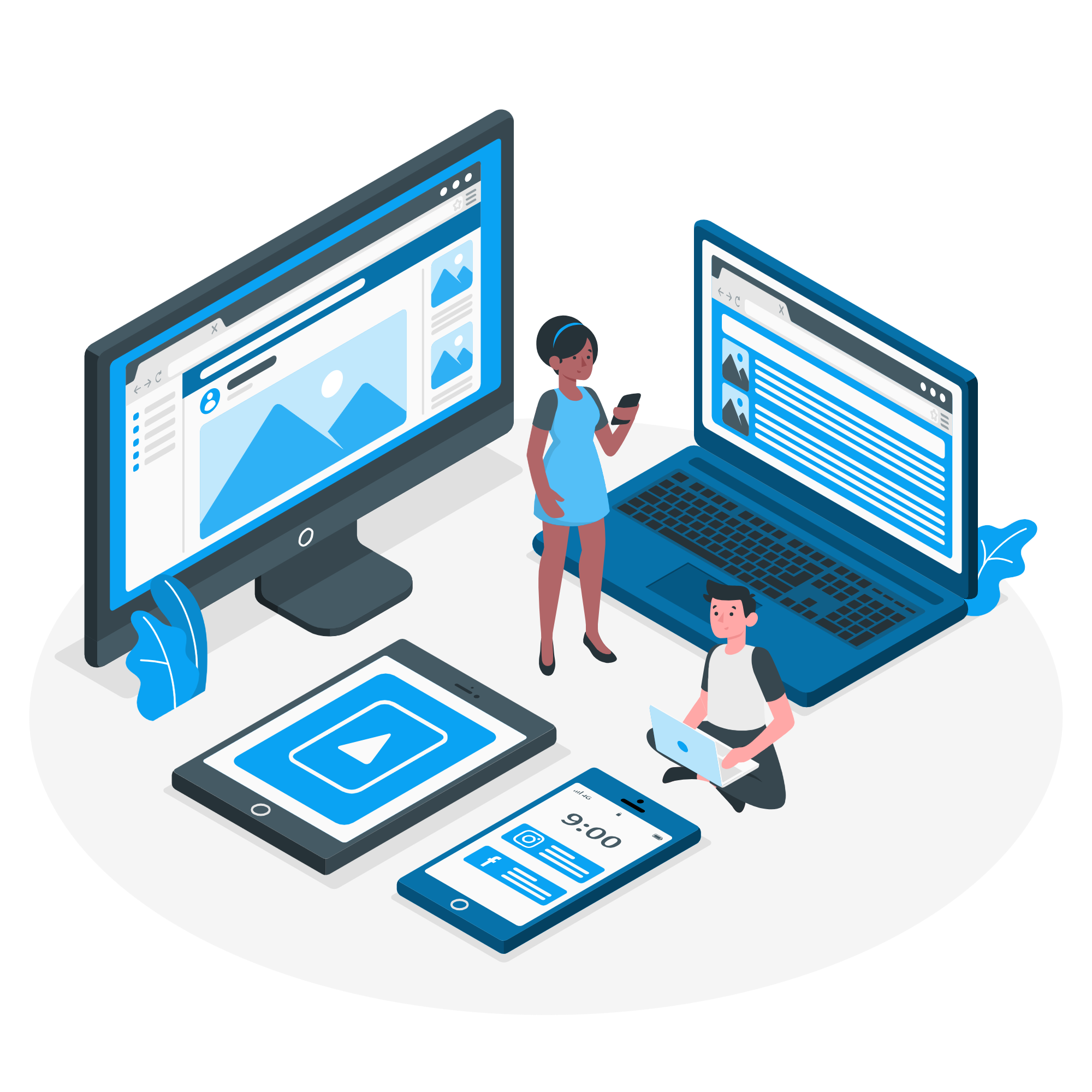 رسم توضيحي لأشخاص يعملون على أجهزة مختلفة